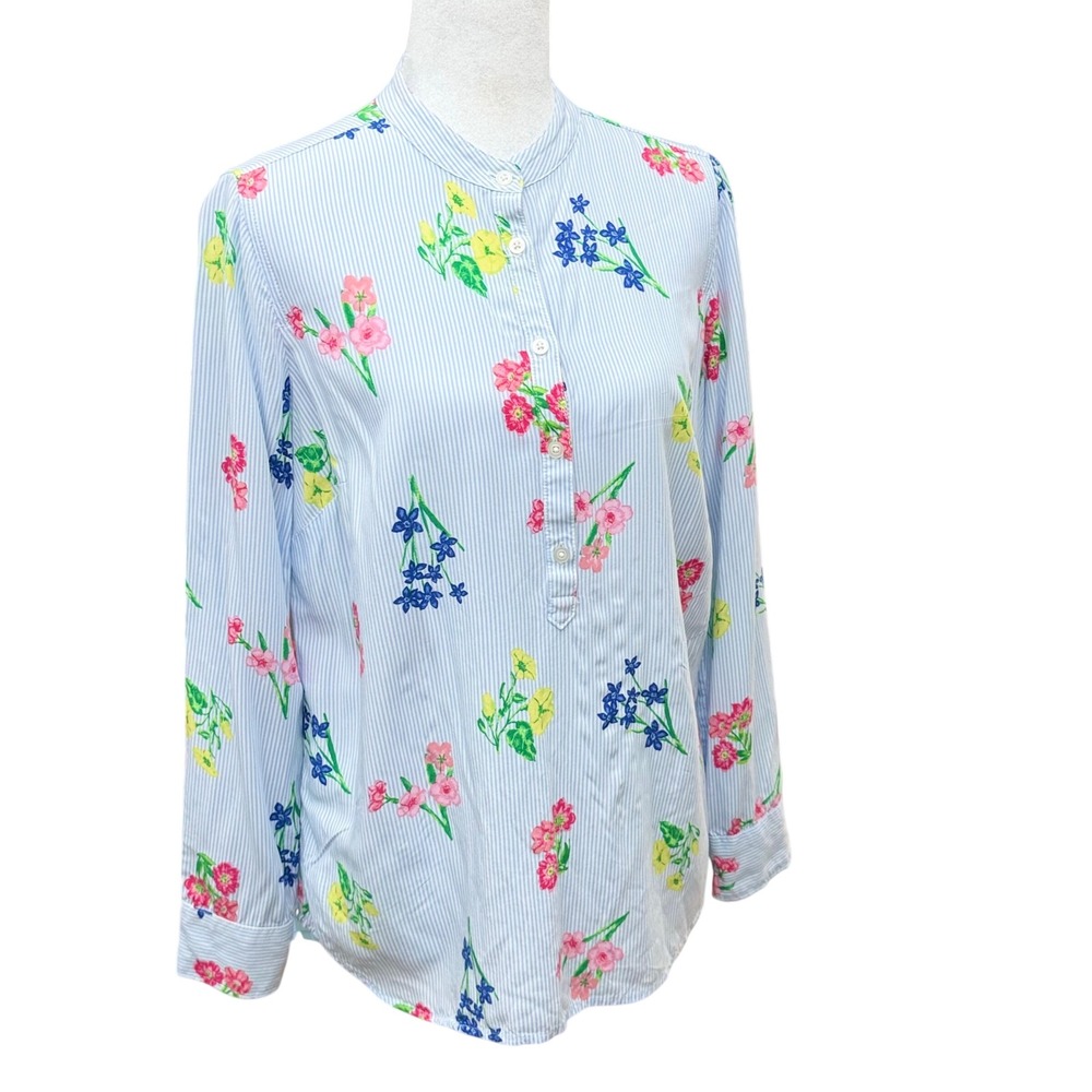 Talbots Pinstripe Floral Flowy Small Tunic Blouse Breezy Coastal Top